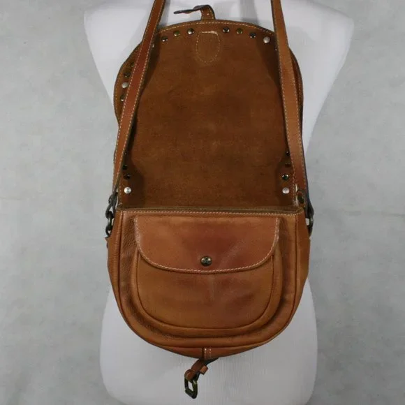 Patricia Nash Brown Italian Pebble Leather Crossbody Saddle Bag w/ Rivets VGC - Picture 9 of 14